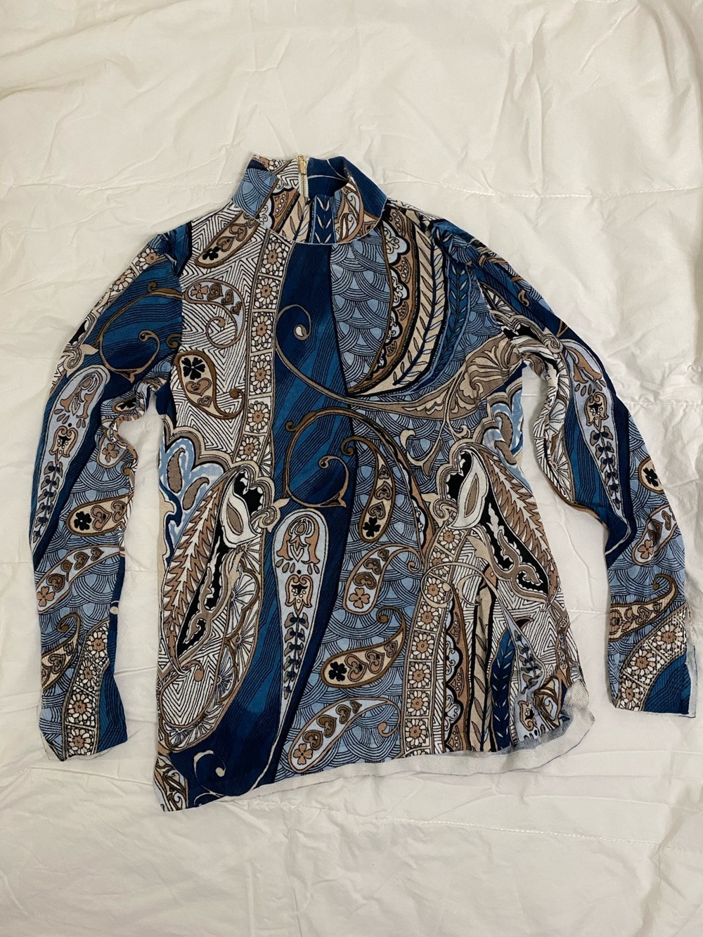 Chico's Navy and Tan Paisley Mockneck Long Sleeve Top size Small - Picture 2 of 8